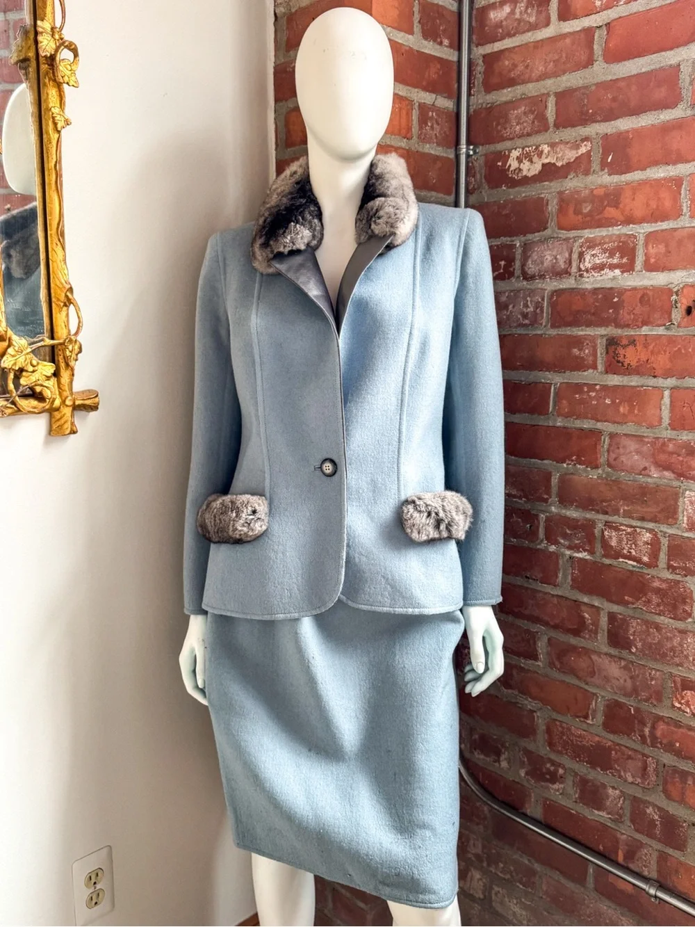 Vintage Valentino Haute Couture Blue Chinchilla Fur Trim Skirt Suit 1990s